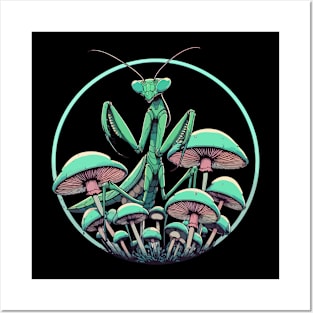 Praying Mantis in Mushroom Garden Posters and Art